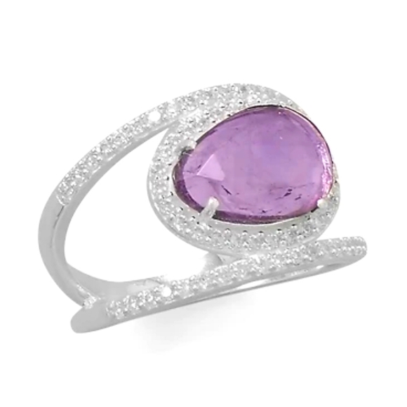 AMETHYST CZ RHODIUM PLATED SPLIT BAND RING - Picture 2 of 2